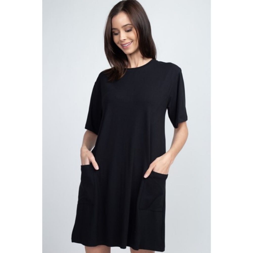 Women's Two Pocket T-Shirt Casual Short Dress BLK - Picture 2 of 8